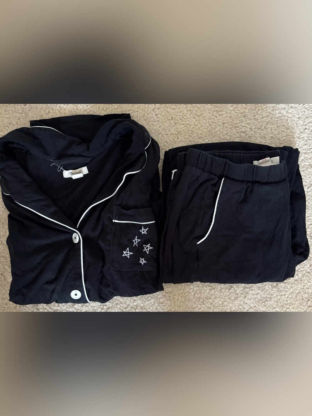 Women's Size Medium Madewell Black Pajama Set With White Detailing